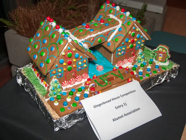 In this picture there is a gingerbread house in the center of the image and there are plants at the...