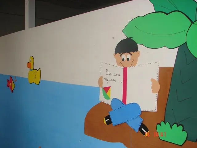 As we can see in the image there is a wall. On wall there is painting of duck, fish, tree and a boy...