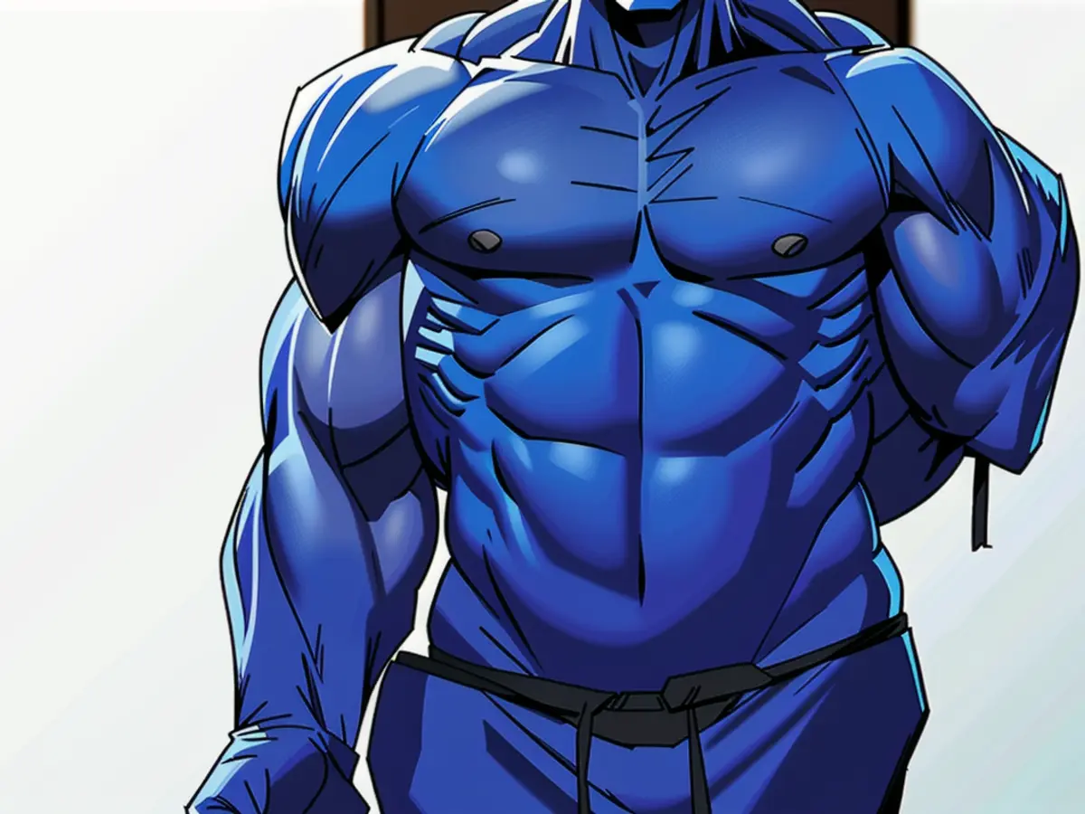 Individual in casual attire, characterized by a blue hoodie drawn over the head and baggy jeans, with a relaxed posture, in a leisurely environment.